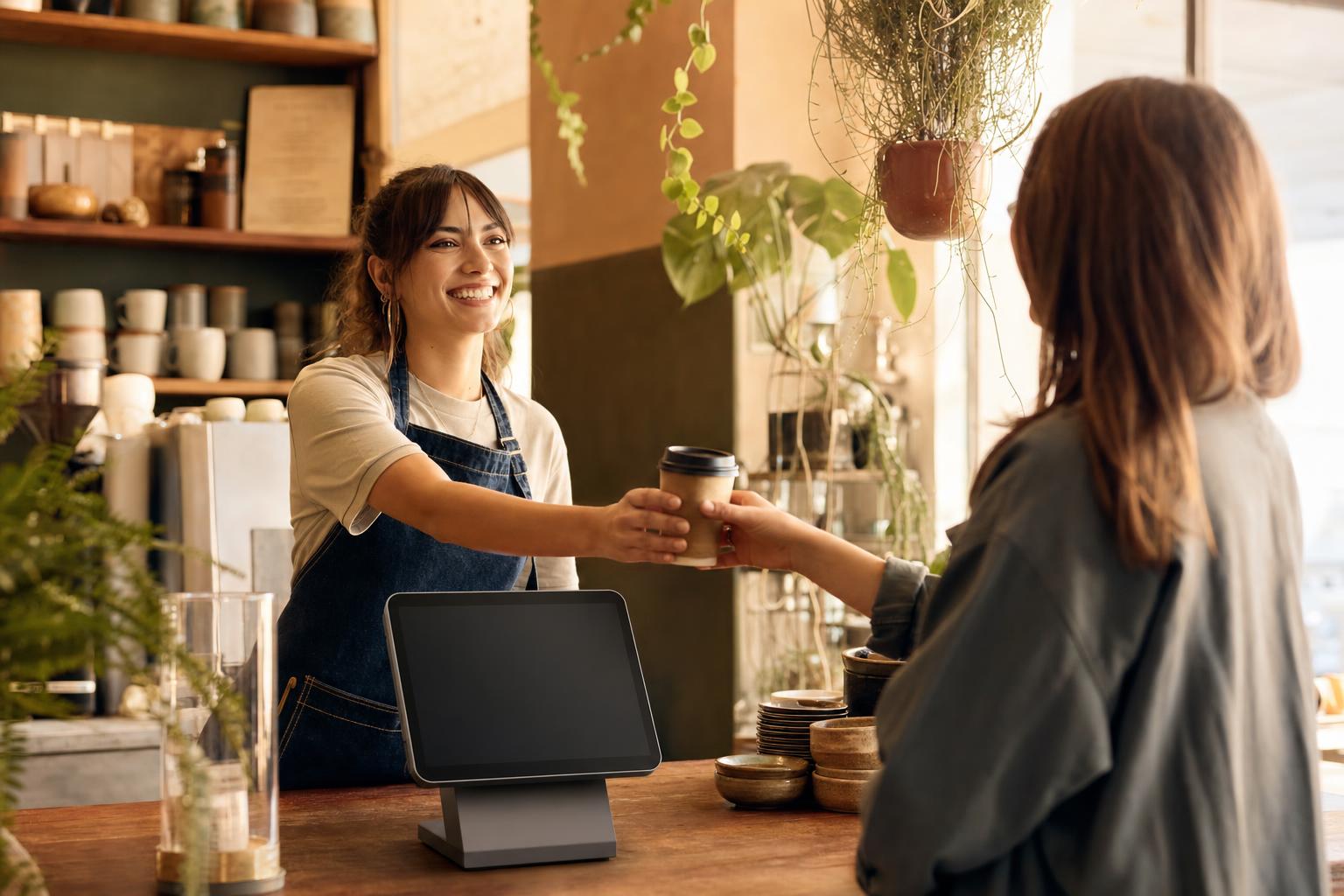 Inside a warm, independent specialty café — the kind of counter R3·POS is built for.