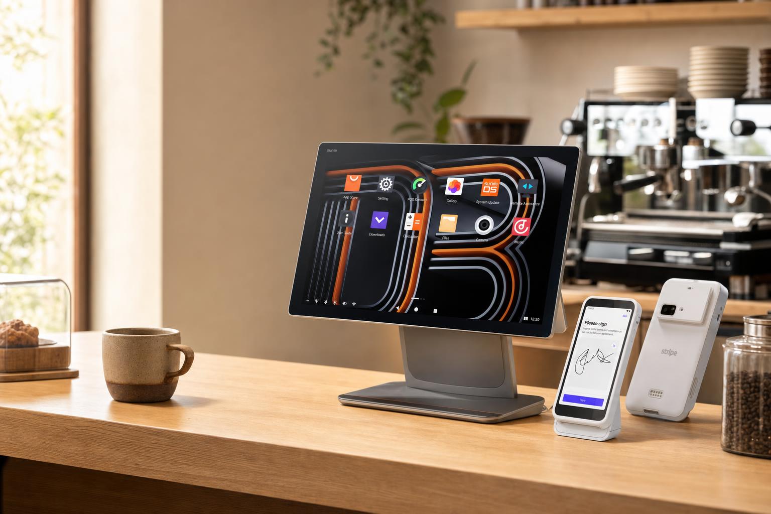 A Sunmi desktop POS terminal and a Stripe card reader set up together on an independent café counter — the complete R3·POS counter.