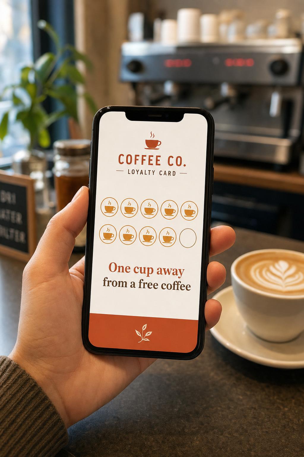 A café customer holding a phone showing their R3·POS digital loyalty stamp card, nine of ten cups filled.