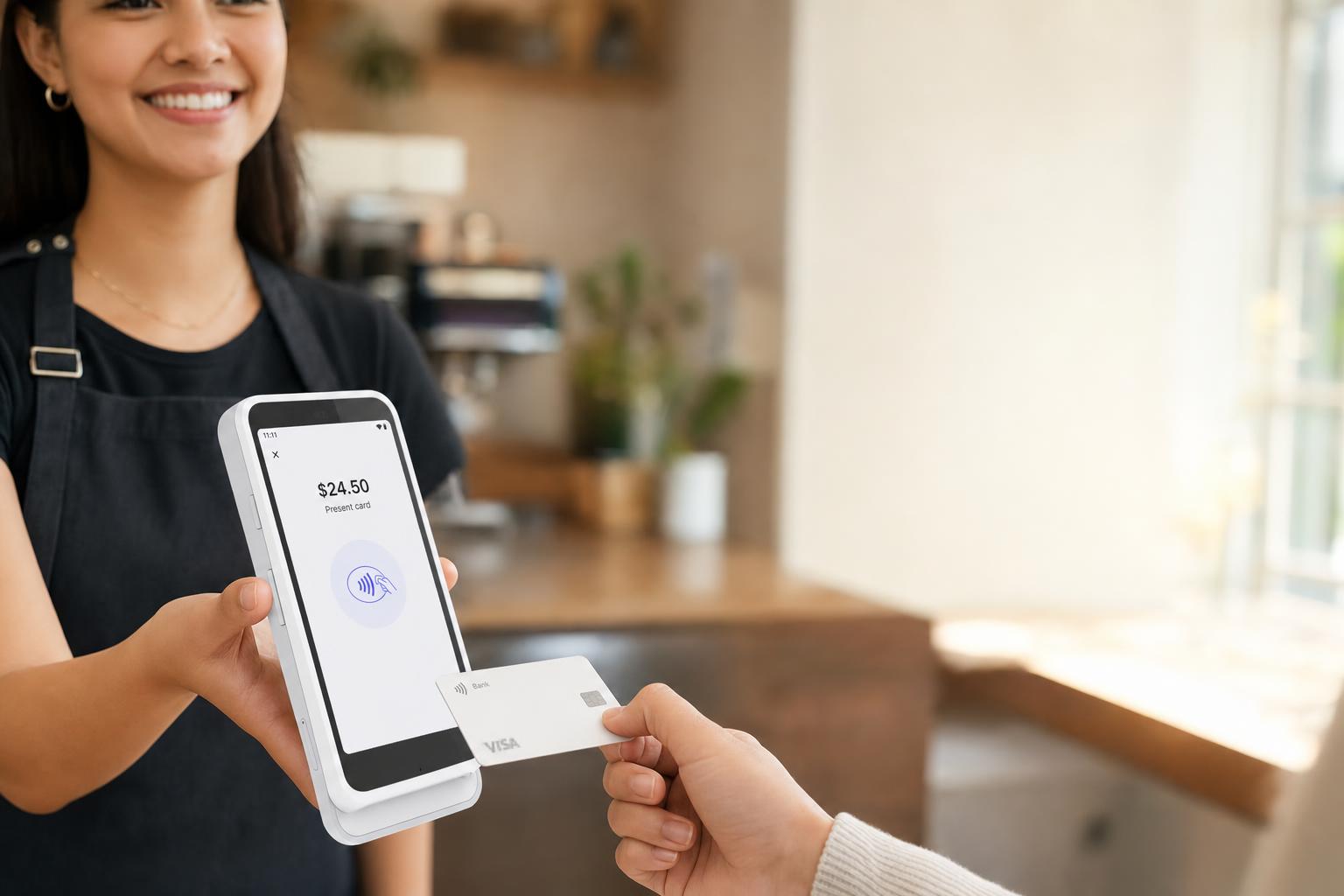 A customer tapping a card on a Stripe payment terminal held by a barista in a café.