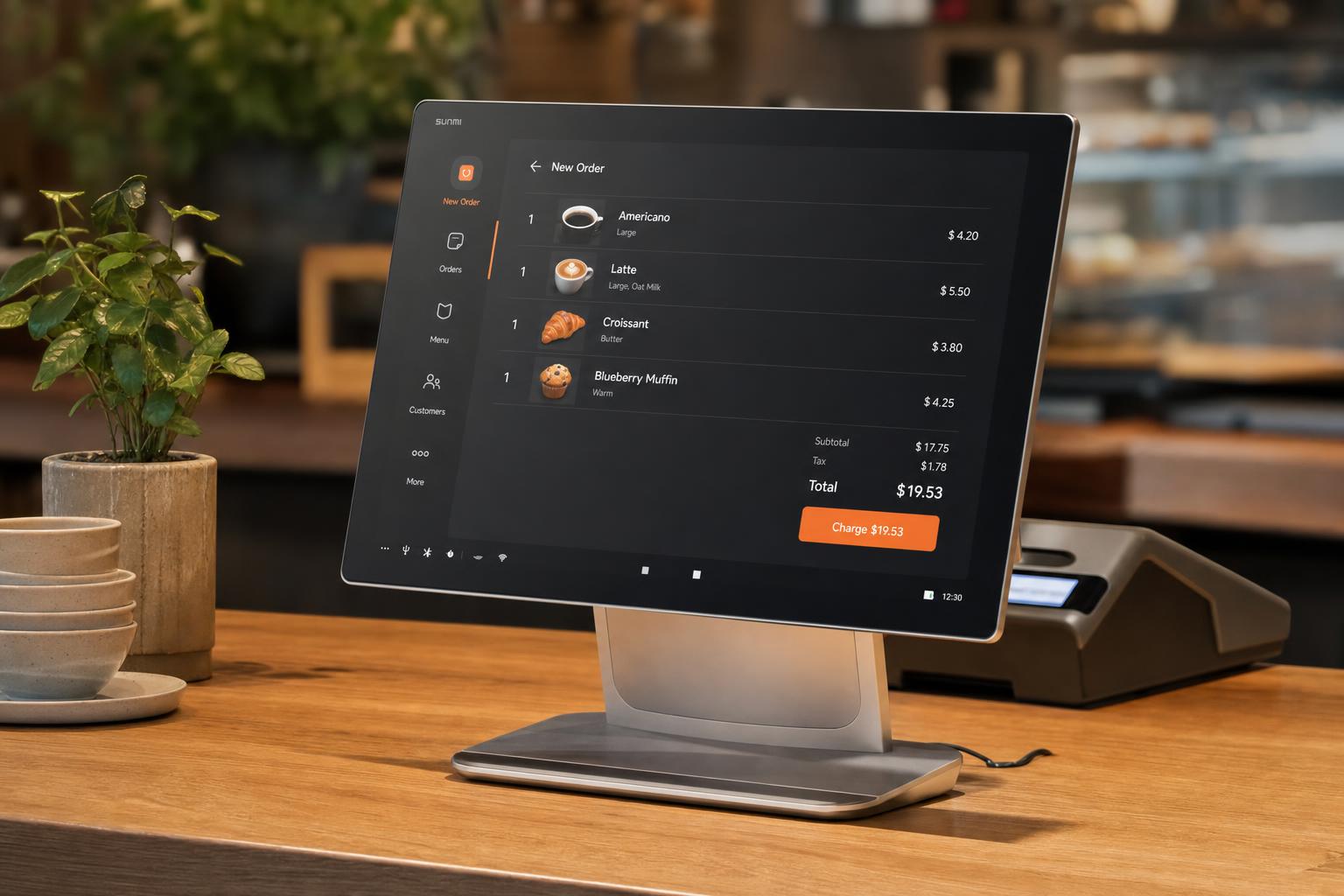 A Sunmi desktop POS terminal on a café counter running the R3·POS point of sale.